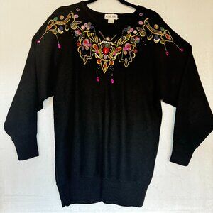 Victoria Jones Size M Embroidered Beaded Pullover Long Sleeve Sweater Christmas
